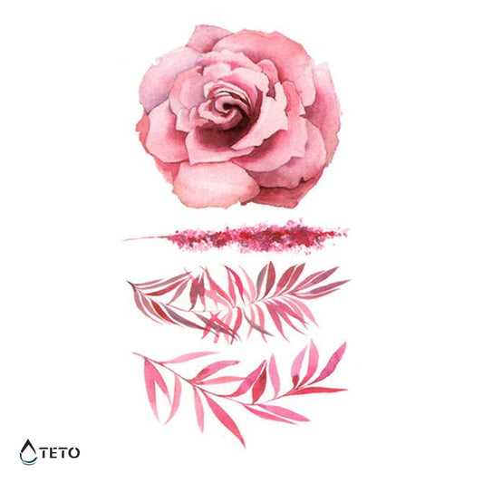 Rosa con helechos - set - TETO - Tatuajes Temporales