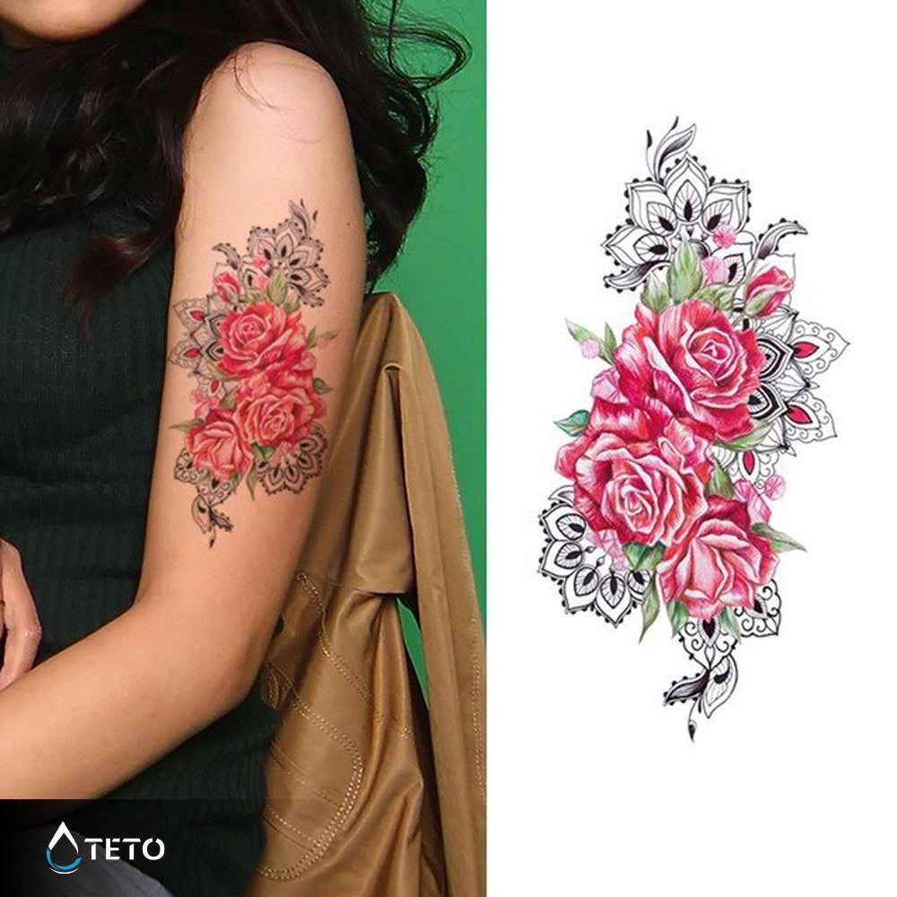Flores rosadas con mandalas - TETO - Tatuajes Temporales
