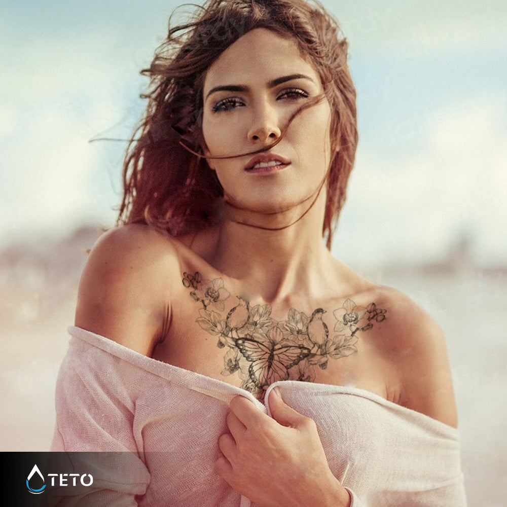 Mariposa con pájaros y flores - TETO - Tatuajes Temporales