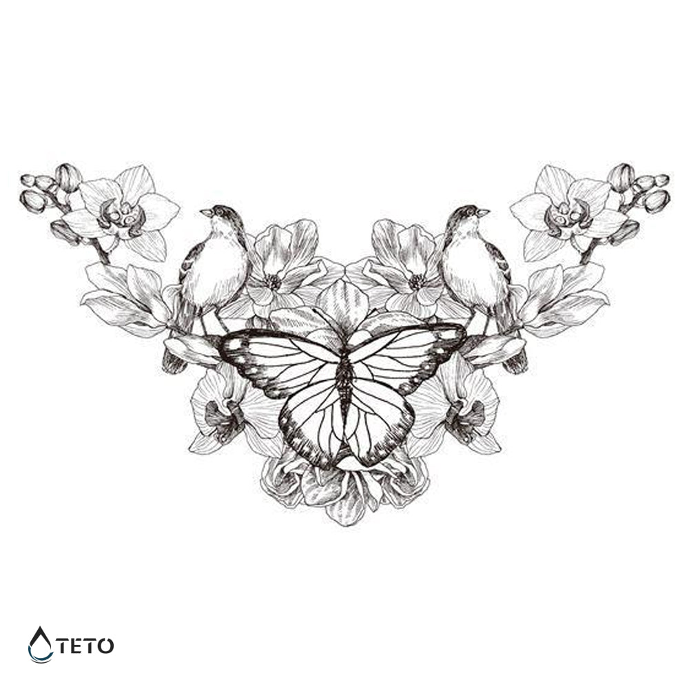 Mariposa con pájaros y flores - TETO - Tatuajes Temporales