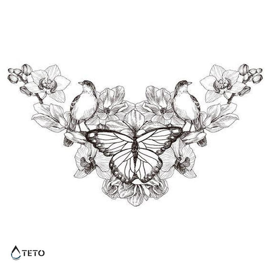 Mariposa con pájaros y flores - TETO - Tatuajes Temporales