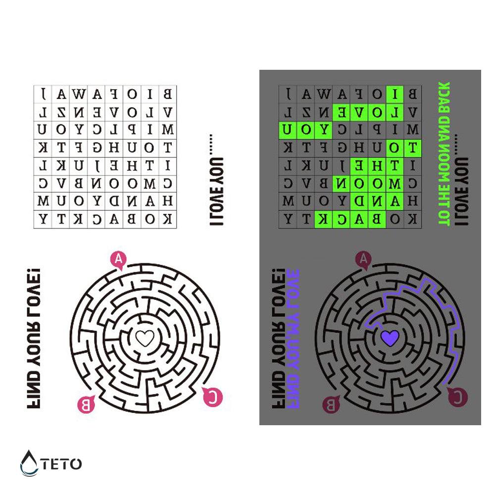 Crucigrama y laberinto - set - Brilla en la oscuridad - TETO - Tatuajes Temporales