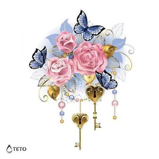 Rosas con mariposas y llaves - TETO - Tatuajes Temporales
