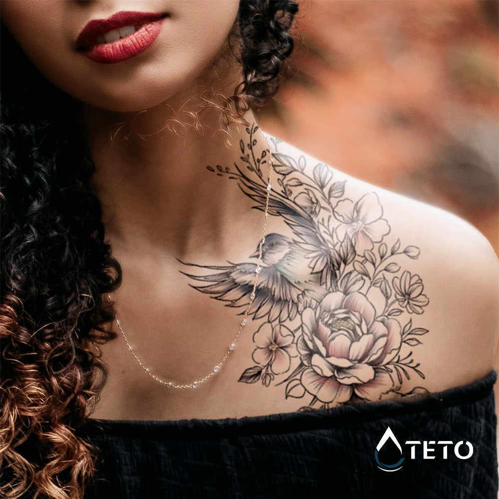 Rosa romántica con pájaro - TETO - Tatuajes Temporales