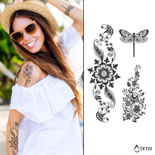 Adornos de flores y libélula – Semipermanente - TETO - Tatuajes Temporales