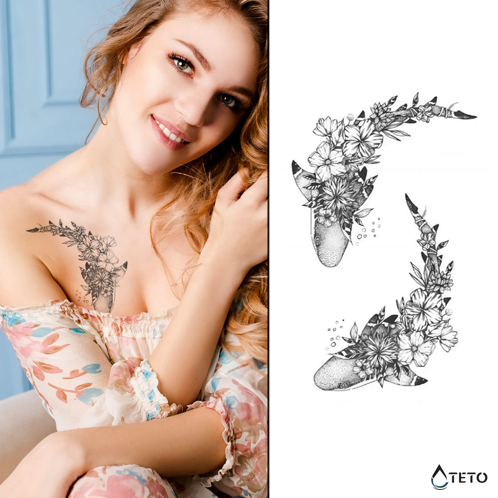 Tiburón con flor - set – Semipermanente - TETO - Tatuajes Temporales
