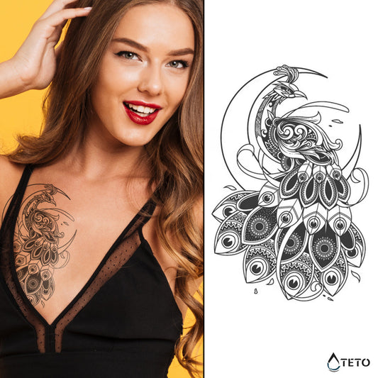 Pavo real en luna – Semipermanente - TETO - Tatuajes Temporales
