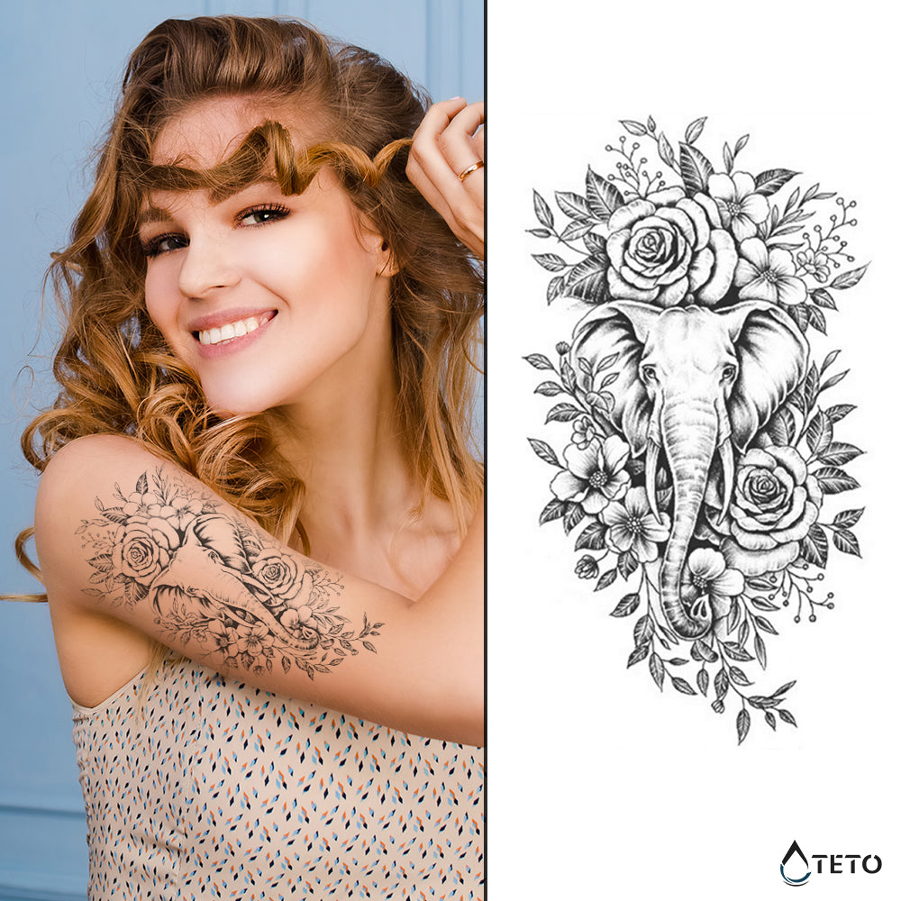 Elefante en flores – Semipermanente - TETO - Tatuajes Temporales