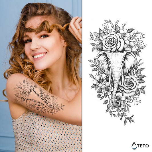 Elefante en flores – Semipermanente - TETO - Tatuajes Temporales