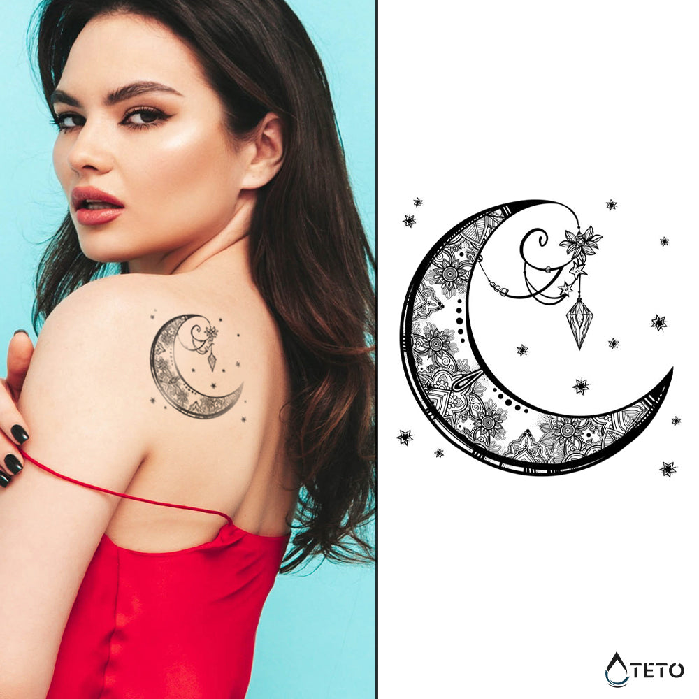 Luna con flores y diamante – Semipermanente - TETO - Tatuajes Temporales