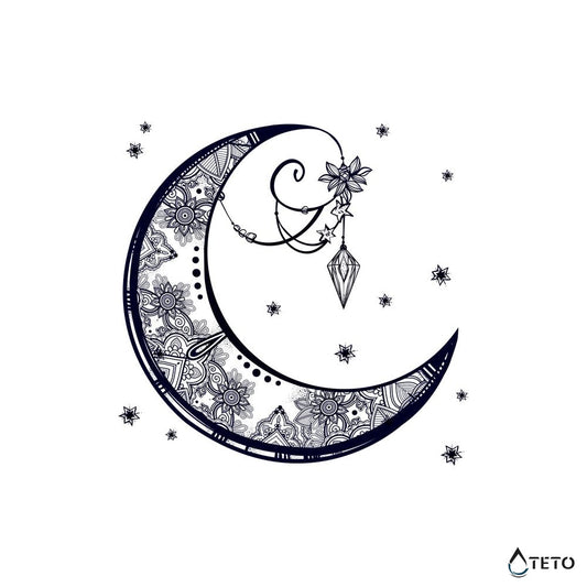 Luna con flores y diamante – Semipermanente - TETO - Tatuajes Temporales