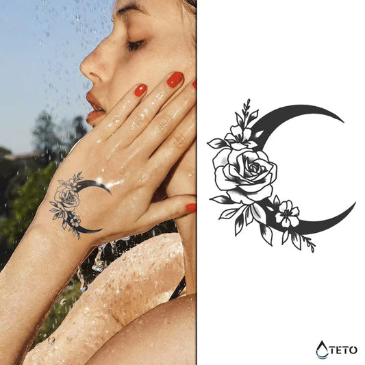 Luna con rosas – Semipermanente - TETO - Tatuajes Temporales