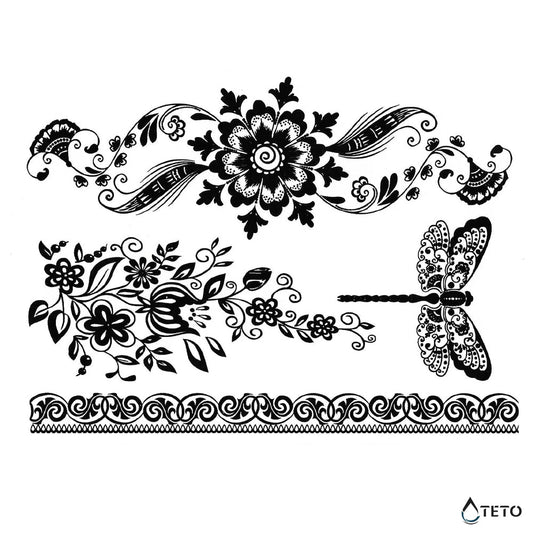 Flores y libélula - set - Tatuajes Temporales TETO